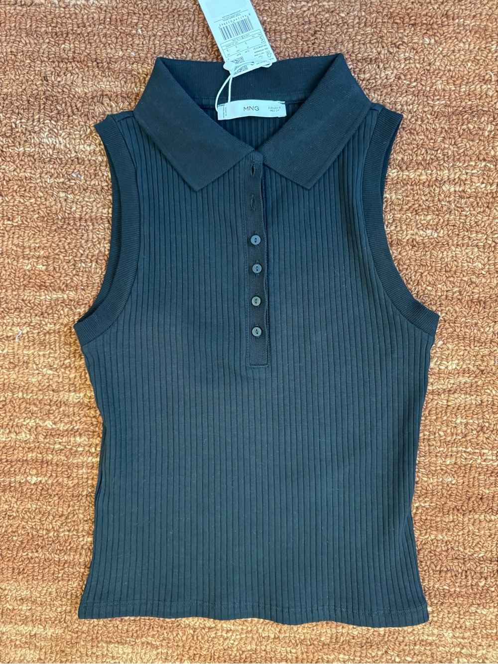 NWT Mango Women’s Black Ribbed Sleeveless Polo Top